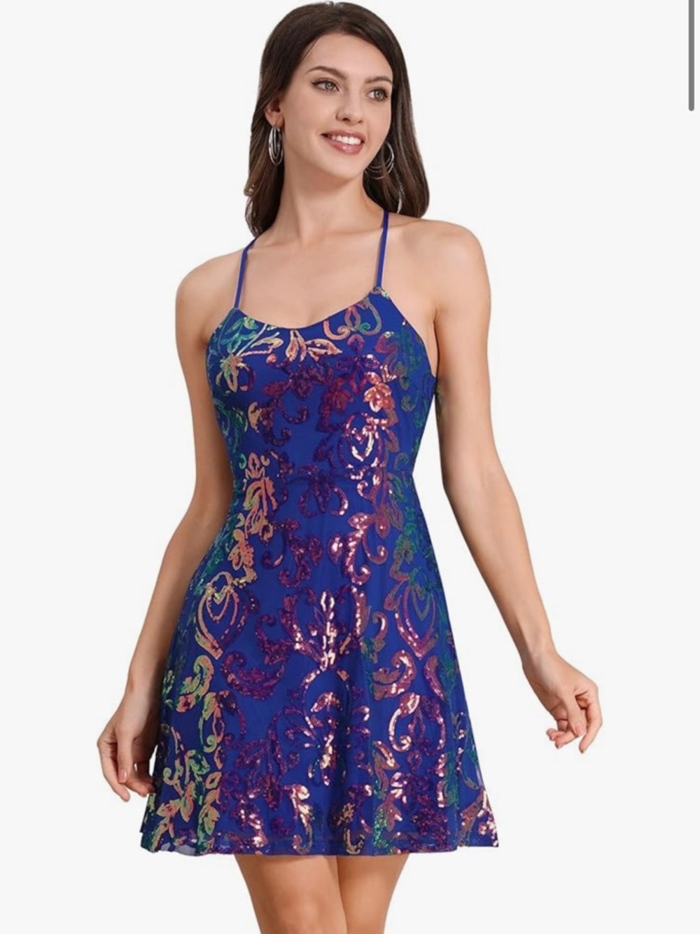 Royal Blue Sequin Backless Spaghetti-Strap Mini Dress